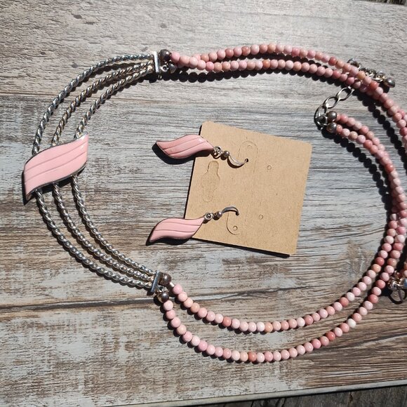 Jay King DTR mine finds carved Wave Pink Opal Necklace Earrings set 925 rare - Picture 11 of 11